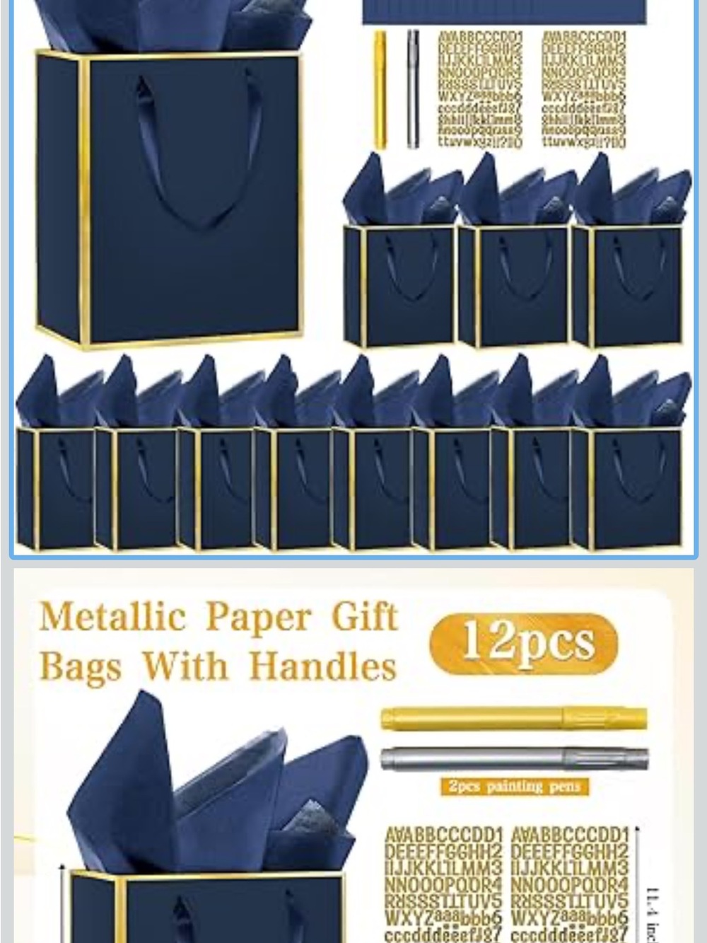 Navy Blue & Gift Bags with Gold Trim - 12 Pack